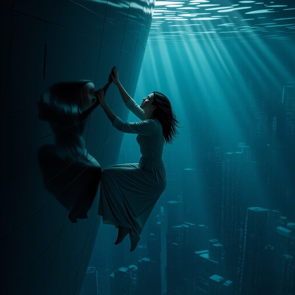 Woman Clinging Above Abyss: Dark Fantasy Art