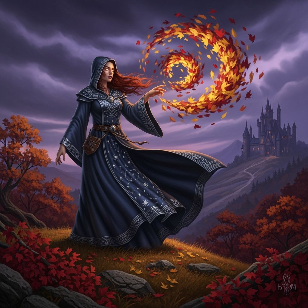 Sorceress Conjures Autumn Vortex on Stormy Hill