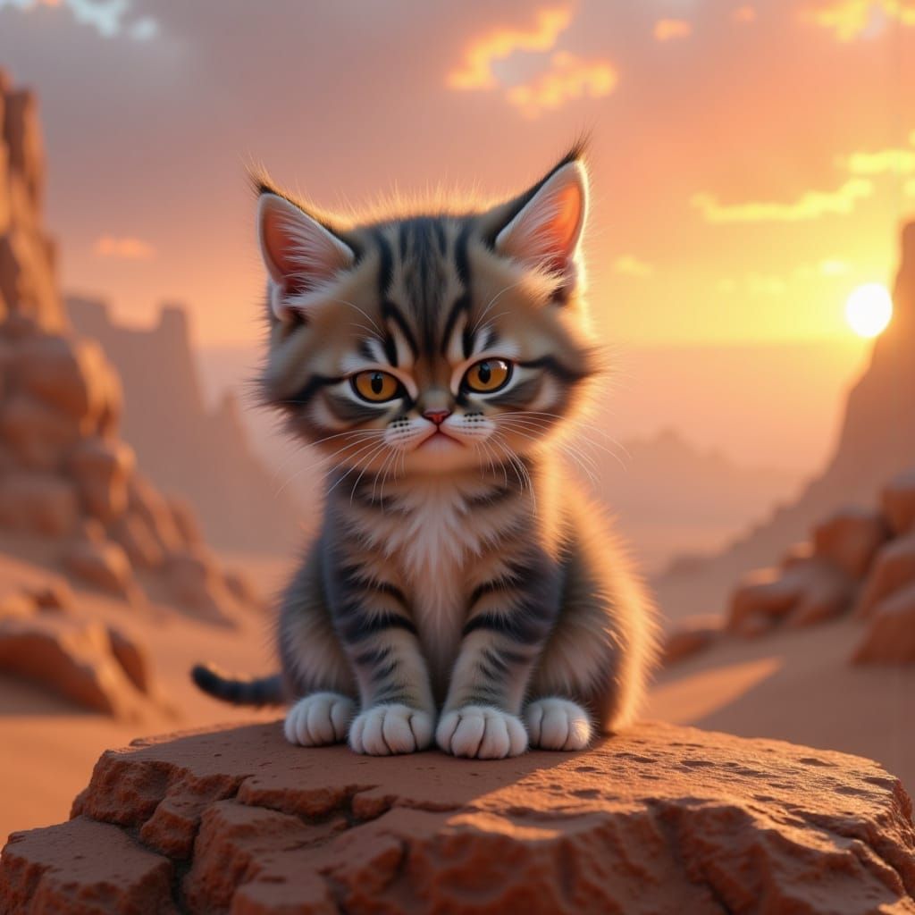 Whimsical Desert Sunset with Grumpy Kitten