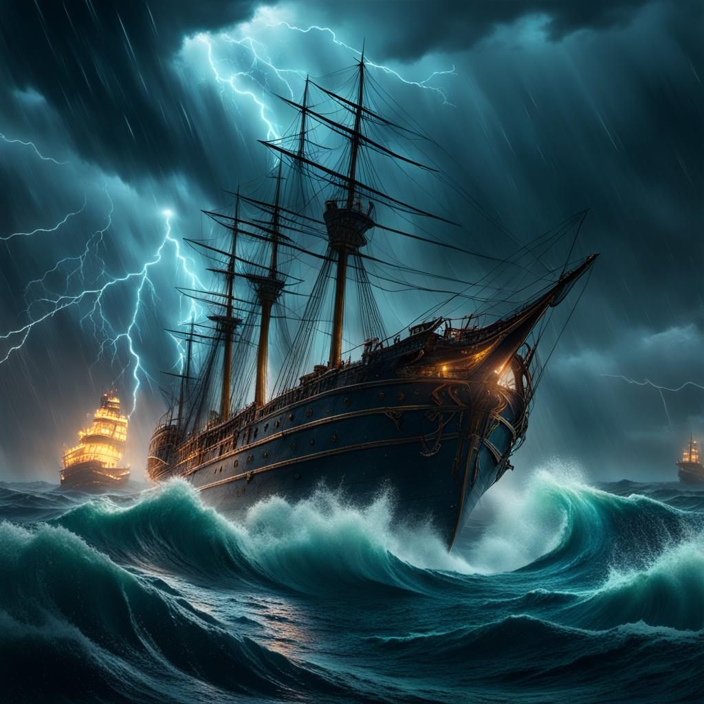Ship Sinking in Stormy Sea: Fantasy Concept Art
