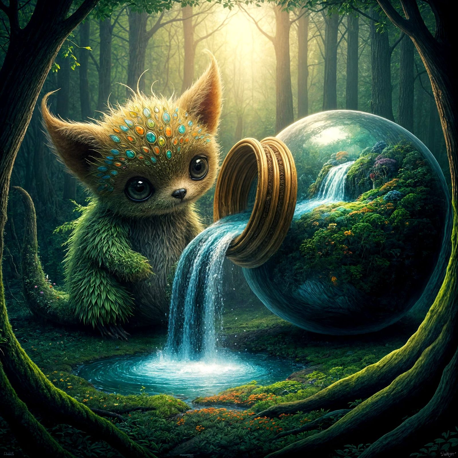 Surrealist Forest Creature Unleashes Vibrant Waterfall Scene