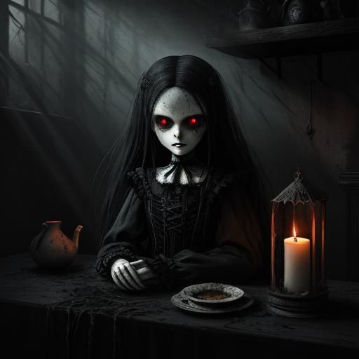 Broken Porcelain Doll with Red Eyes in Gothic Setting