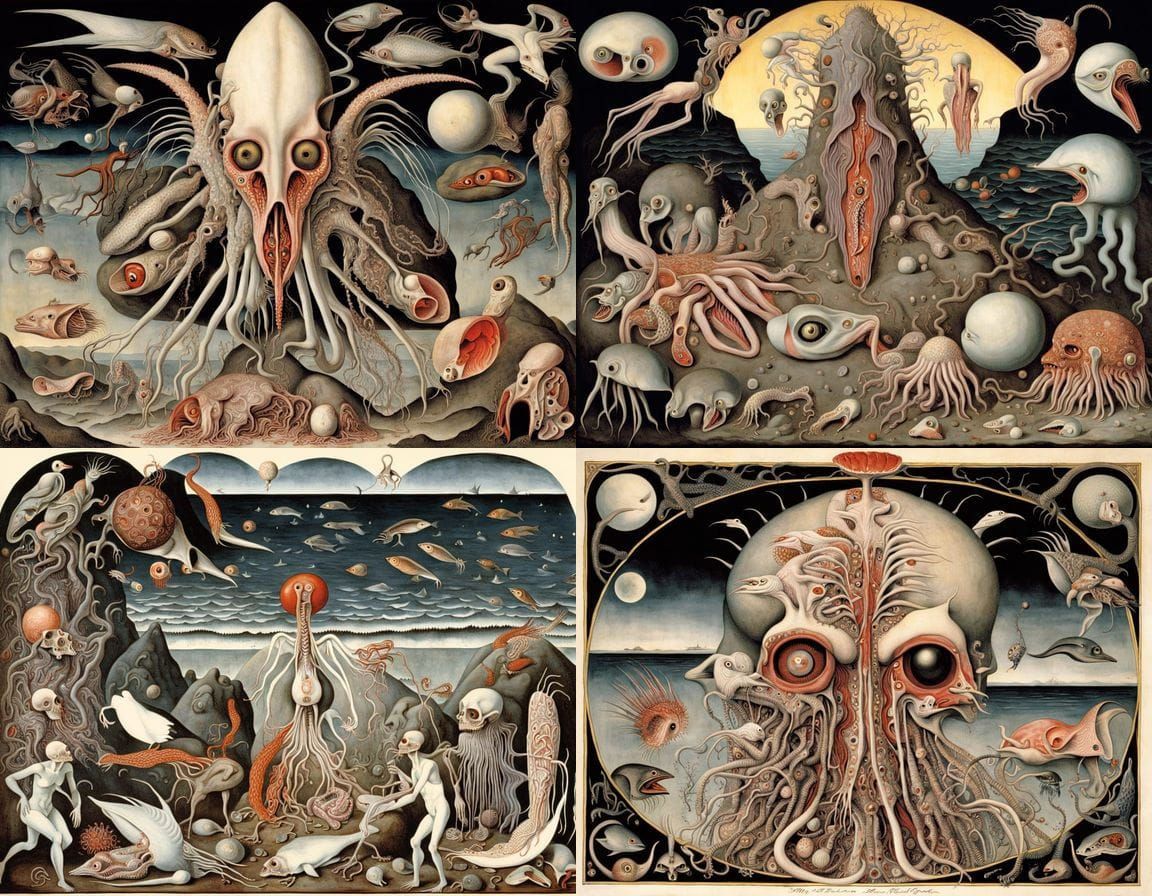Surreal Seashore Horror: Puffin, Squid, and Grotesque Anatom...