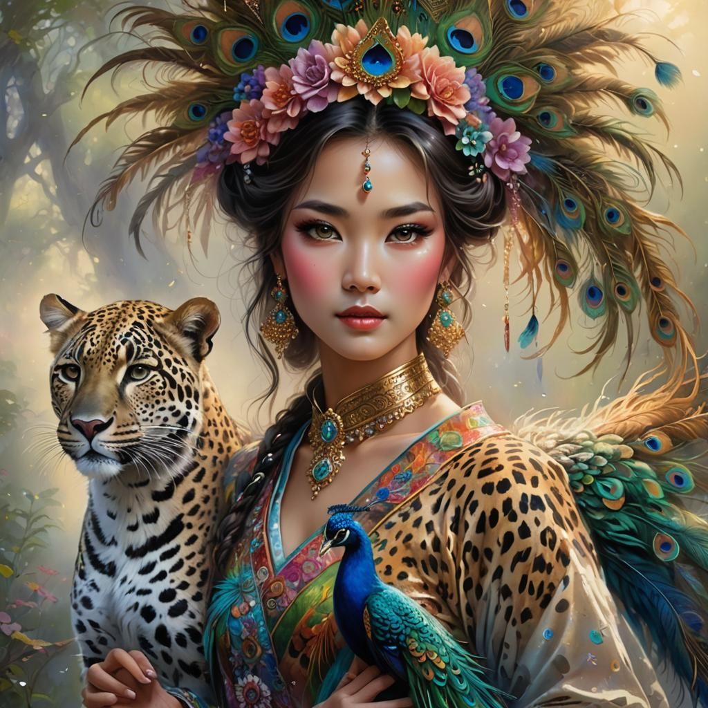 Ethereal Asian Woman with Peacock Feathers