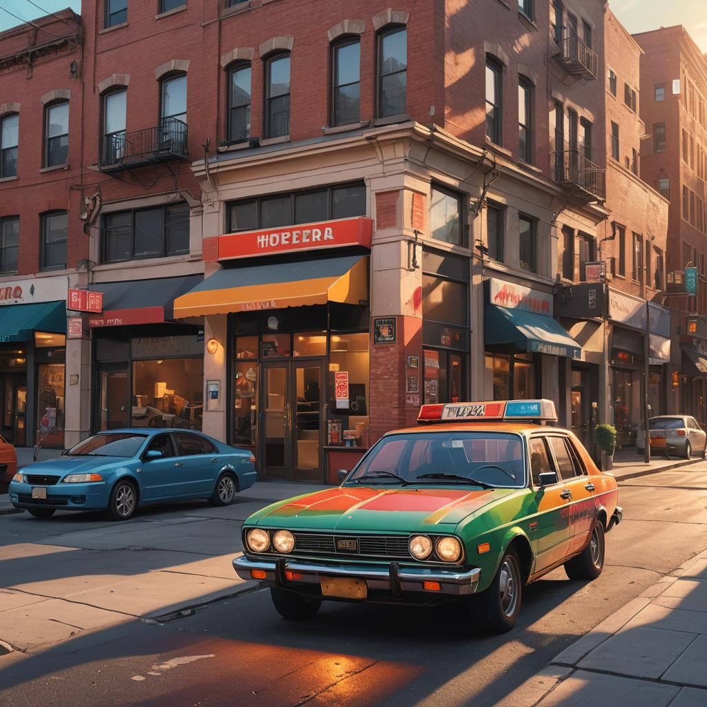 Hyperrealistic Pizza Delivery Car at Sunset
