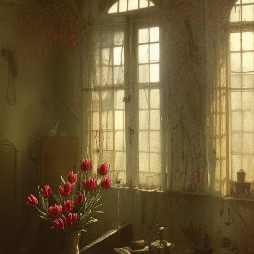 Sunlit Tulips in Dilapidated Shack, Horror Aesthetic