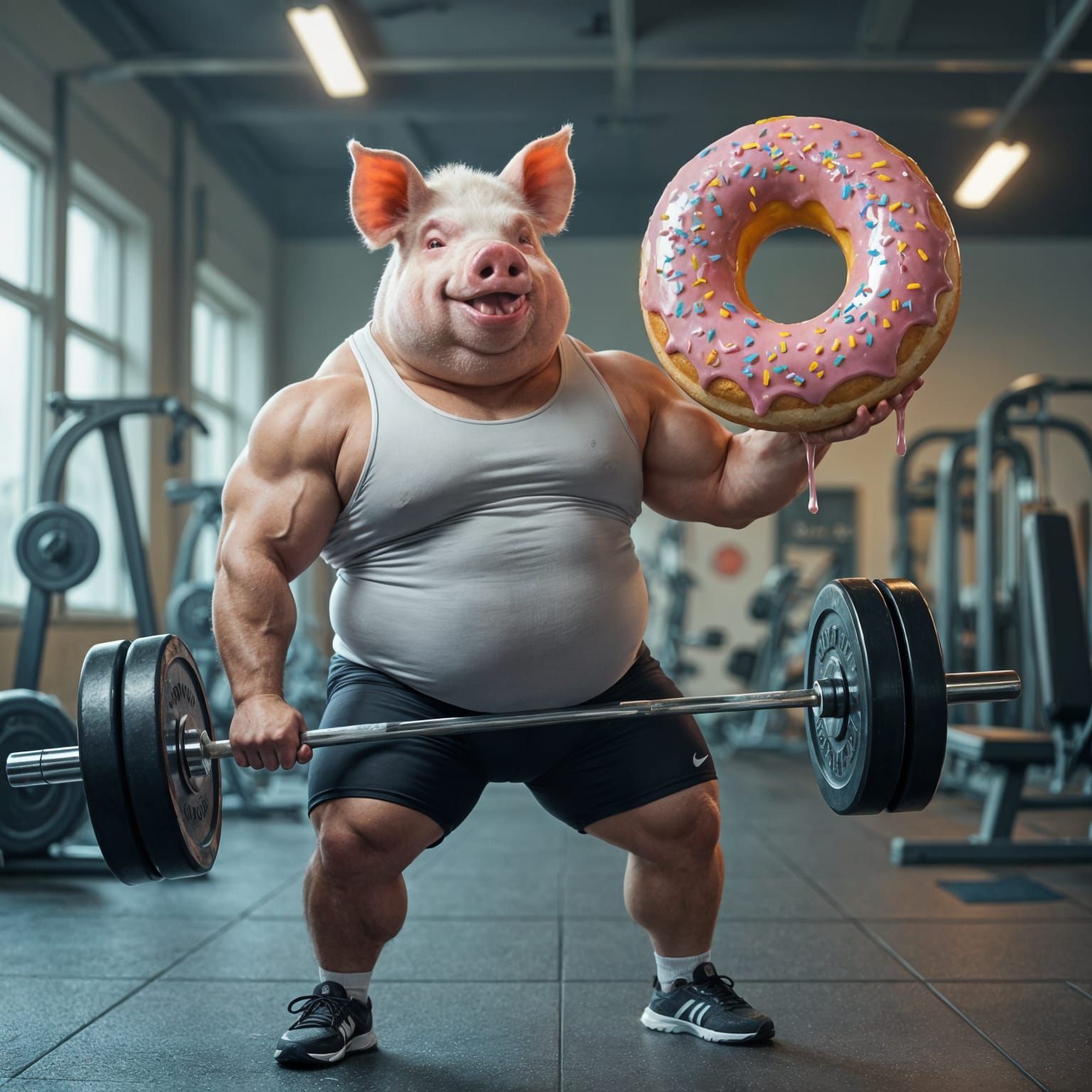 Photo-Realistic Pig-Man Workout Donut Mishap