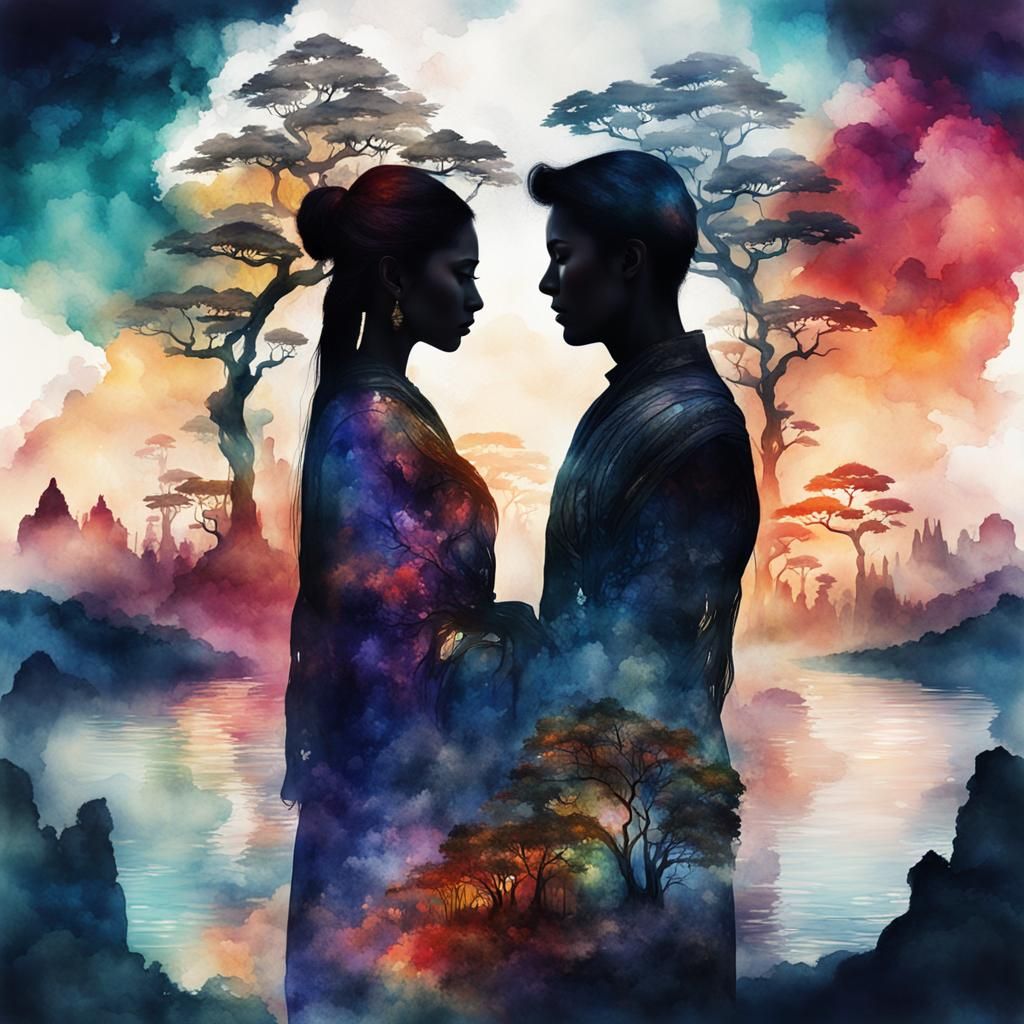 Thai Woman and Boyfriend Silhouette Watercolor Sketch