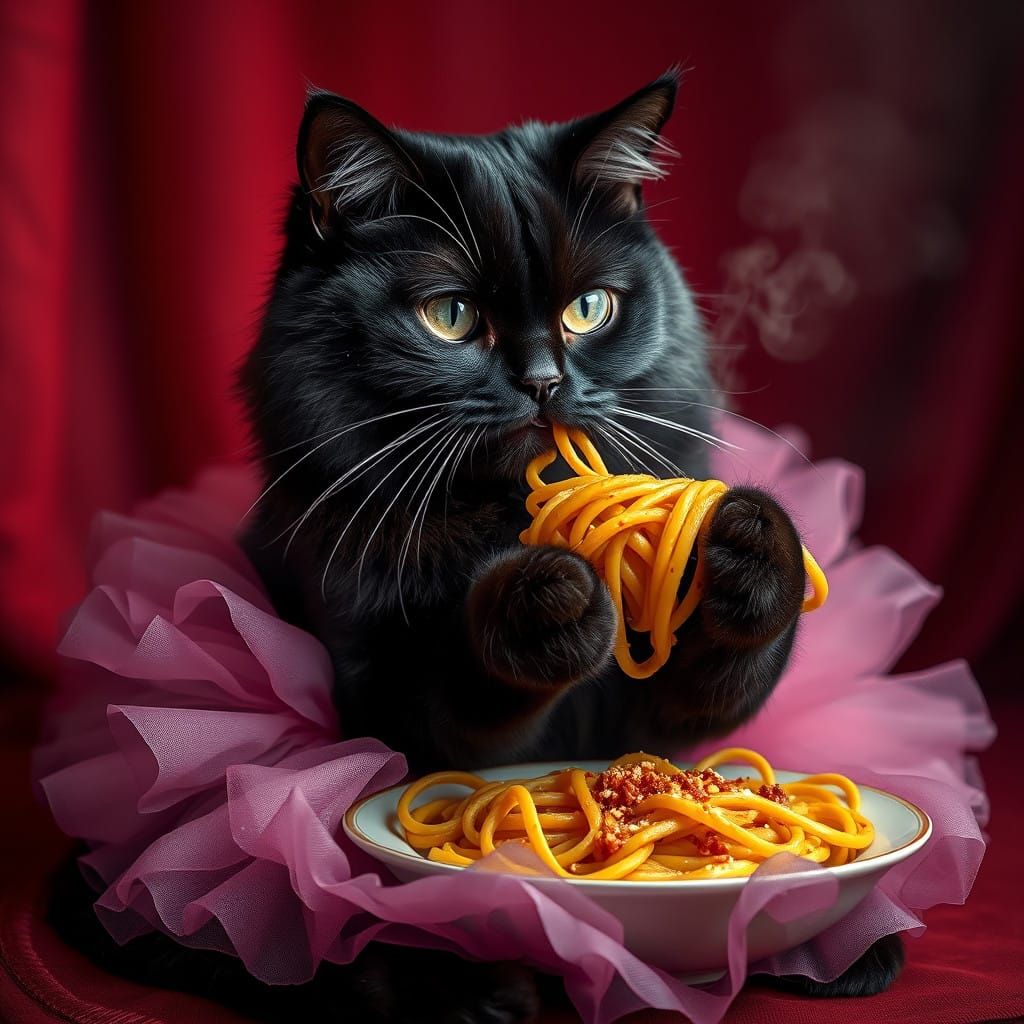 Elegant Black Cat in Tutu Devours Pasta in Whimsical Renaiss...