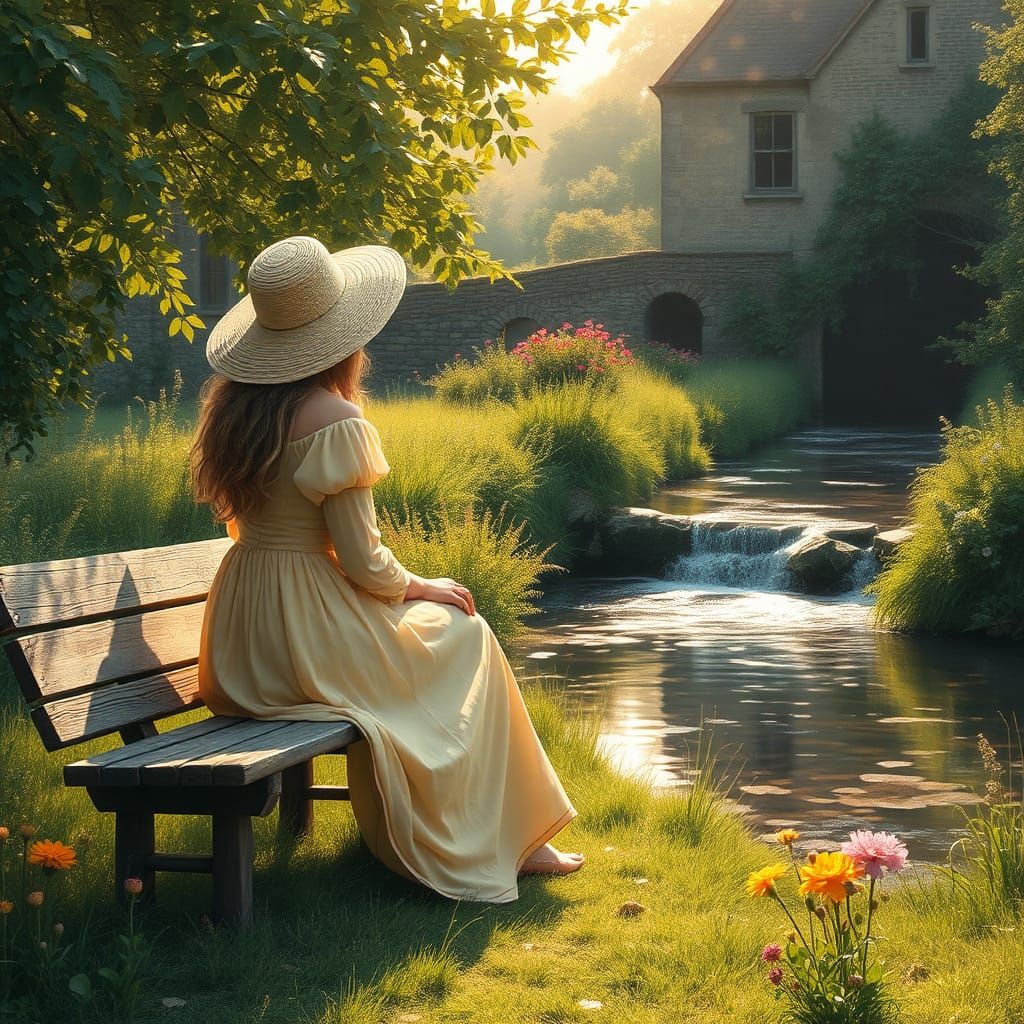Woman by Mill Stream in Classic Landscape Style