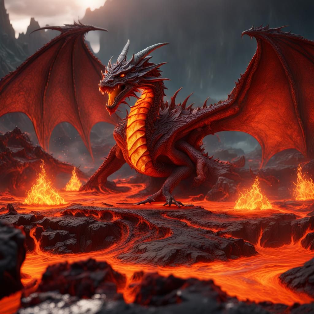 Dragon in Lava Pool: Detailed Matte Painting