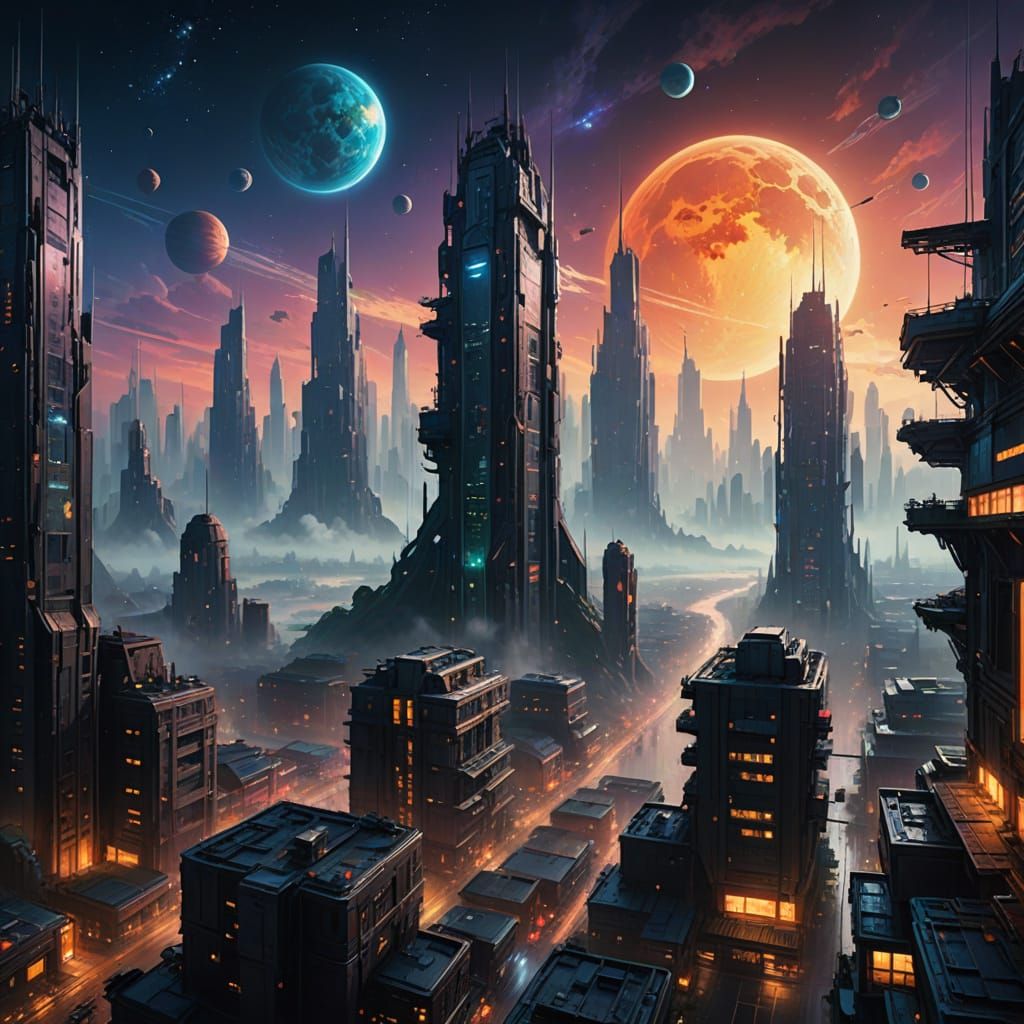 Vibrant Space Metropolis in Cinematic Oil Painting Style