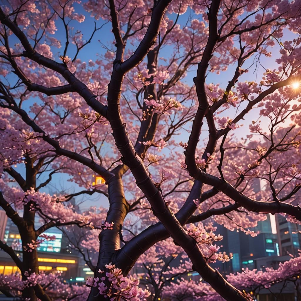 Neon Cherry Blossoms with Purple Aura