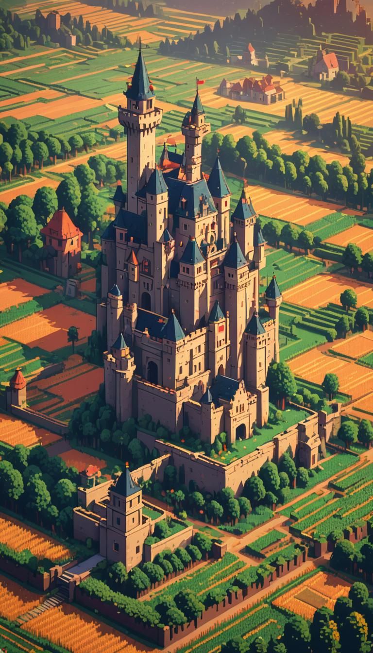 8-Bit Pixel Art Castle at Sunset