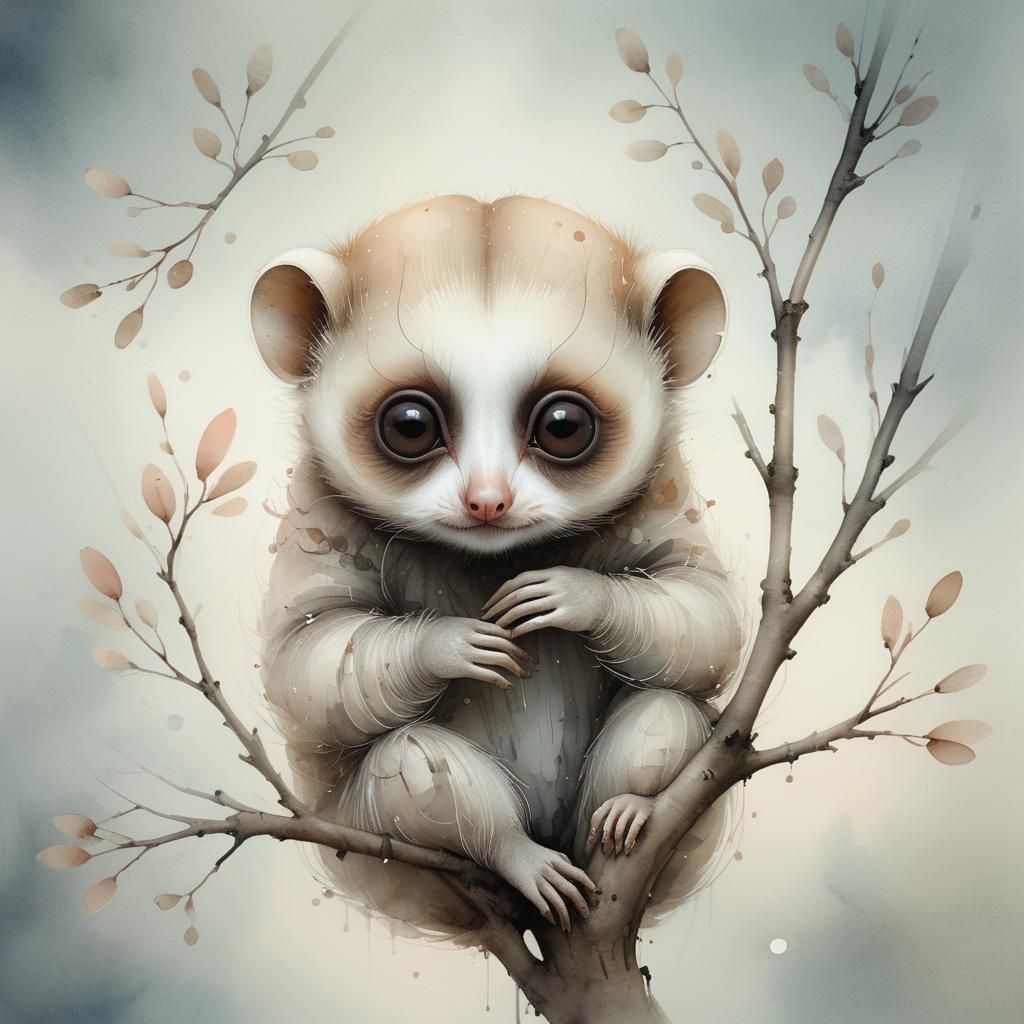 Dreamy Slow Loris in Abstract Watercolor Style