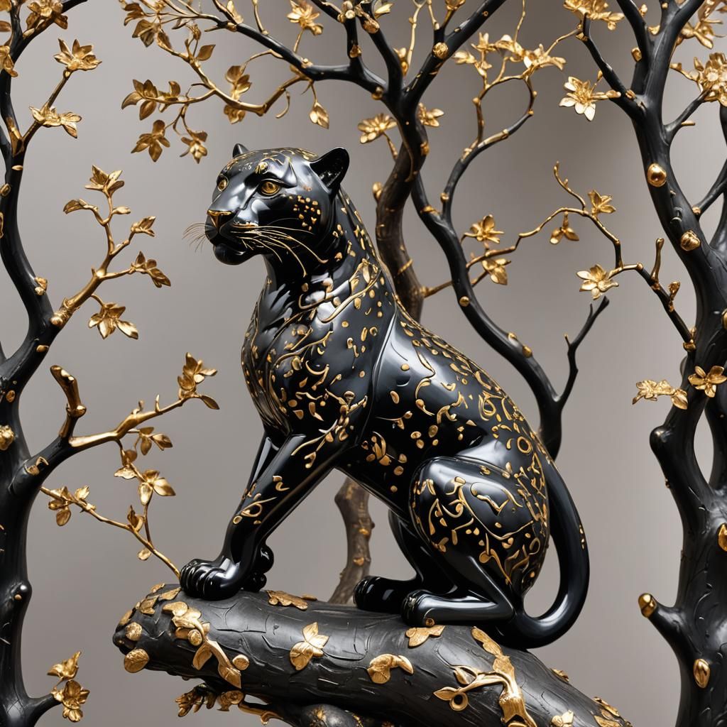 Ceramic Leopard Sculpture with Gold Inlay