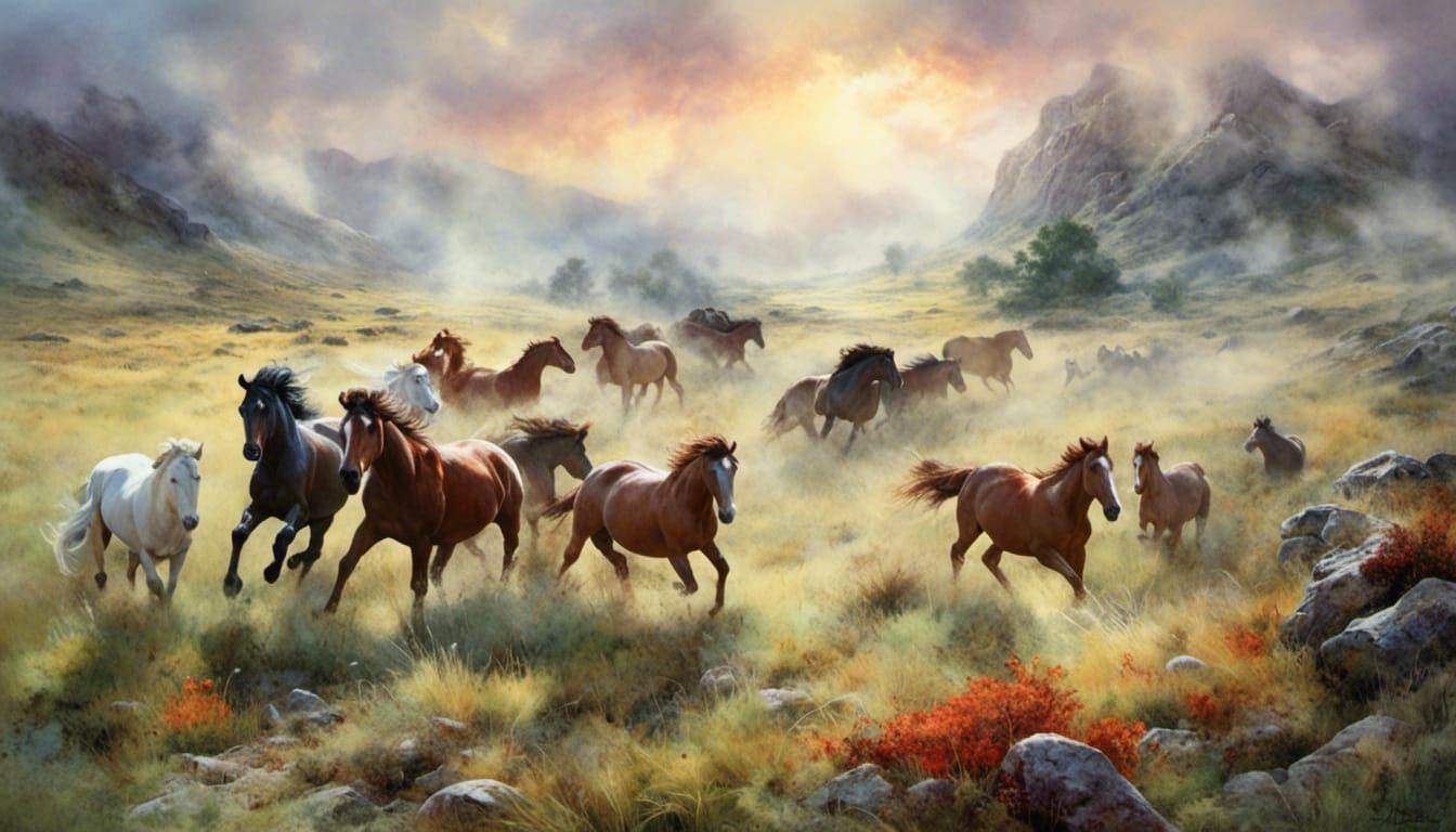 Wild Horses Run Free: Watercolor Fantasy Portrait