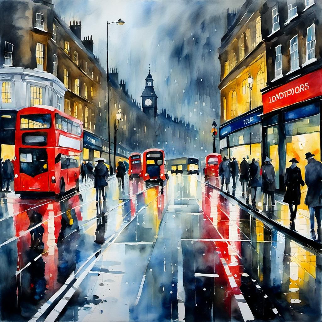 Rainy London Street Scene in Watercolor Splash Art