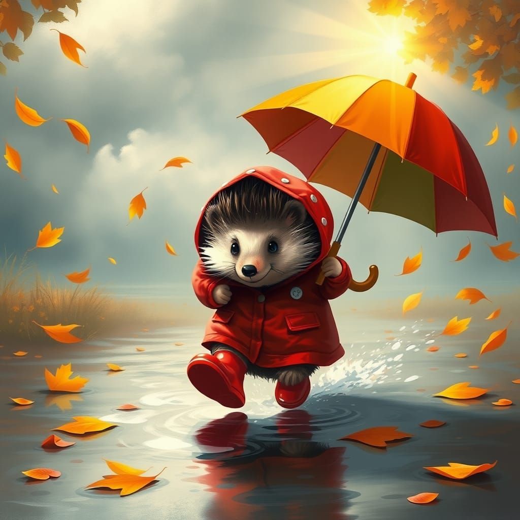 Hedgehog in Red Raincoat Runs Through Autumn Puddles