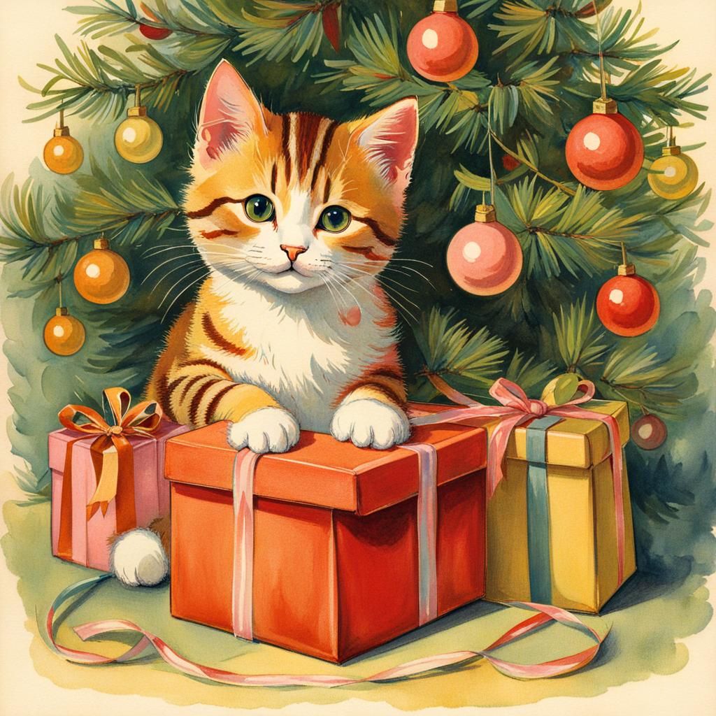 Charming Kitten by Christmas Tree: Vintage Illustration