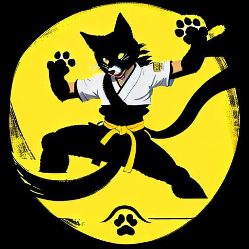A split background, half yellow with black paw prints and "warning" symbols, and the other half black with a white silho...