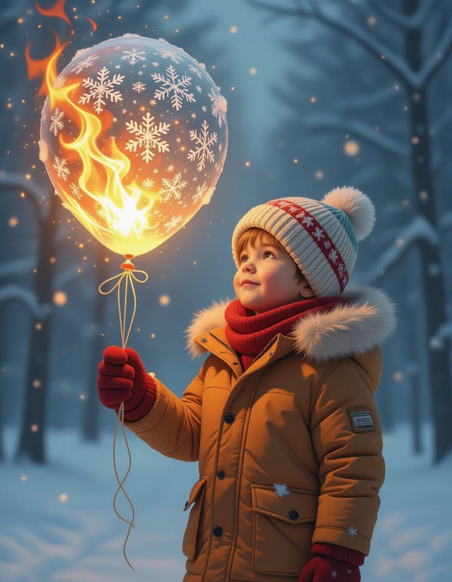 Boy Holds Balloon of Snow and Fire