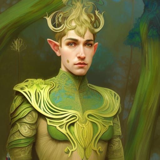 Art Nouveau Elf in Lichen Armor