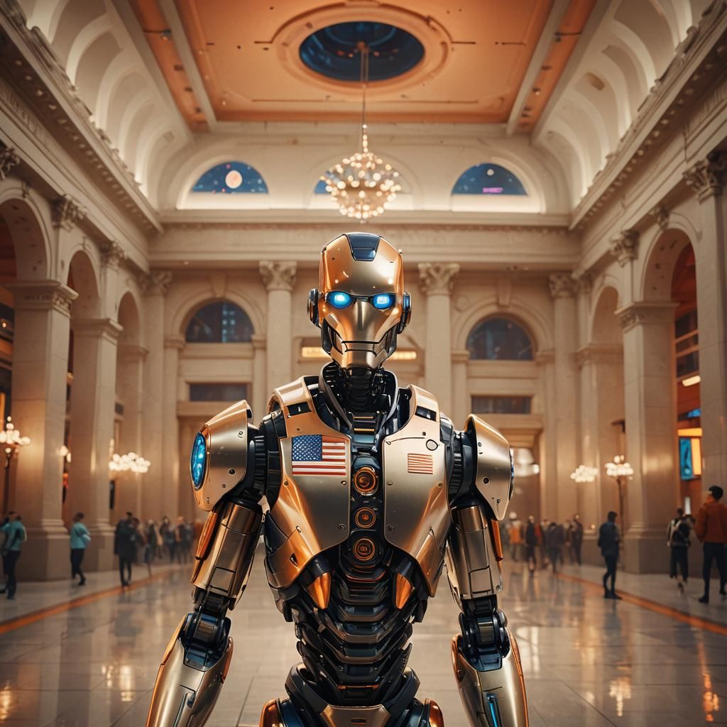 Robotic President in Futuristic City: 3D Digital Art