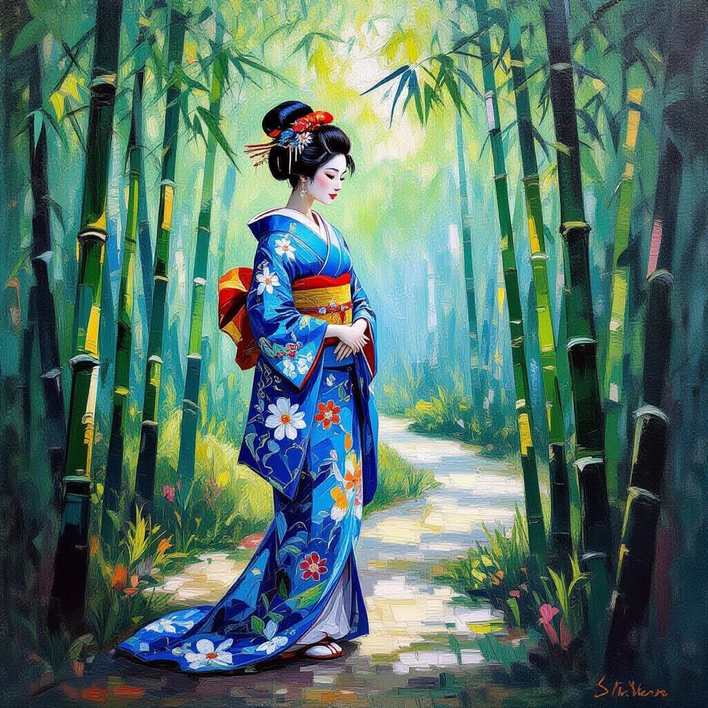 Geisha in Bamboo Forest: Neo-Impressionist Expressionist Oil...