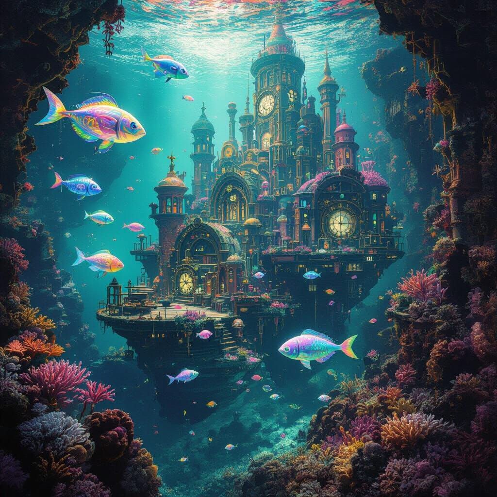 Ethereal Underwater City of Coral and Shipwrecks in Art Nouv...