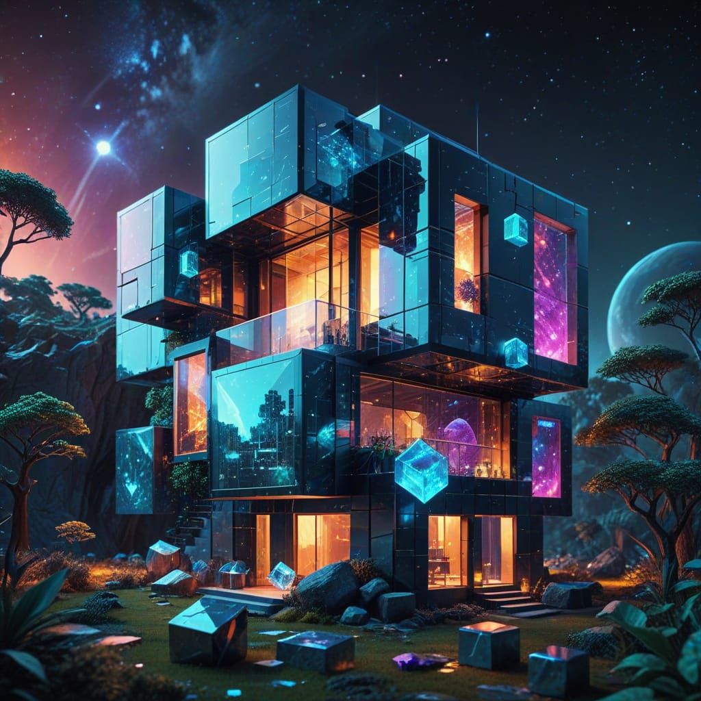 Futuristic Cube House in Cosmic Landscape