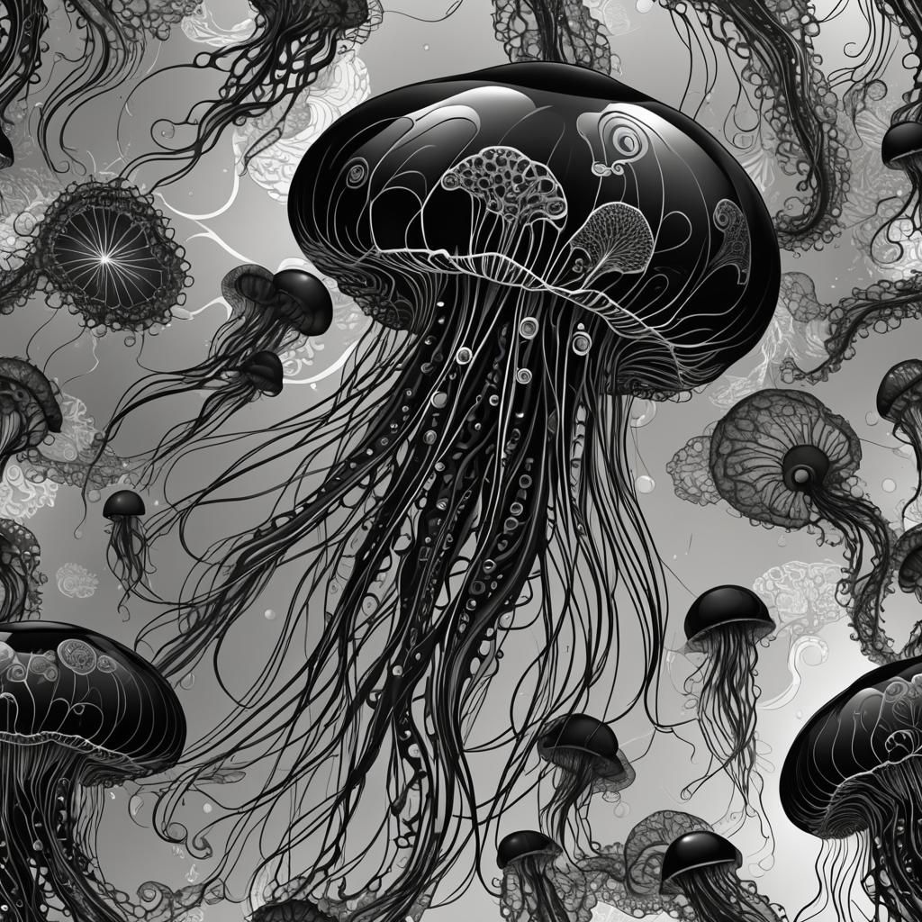 Reflective Black Jellyfish with Abstract Fractal Design