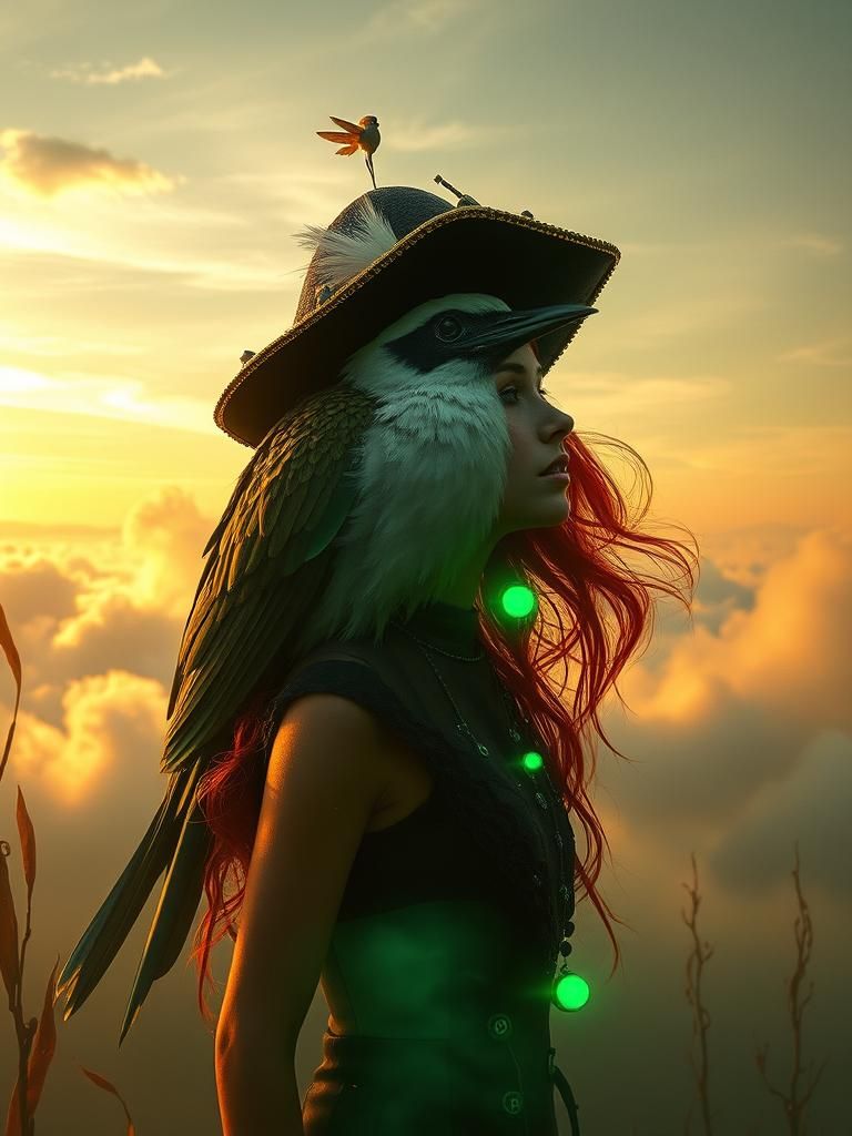 Surreal Carnival Landscape with Cyborg Girl and Bird