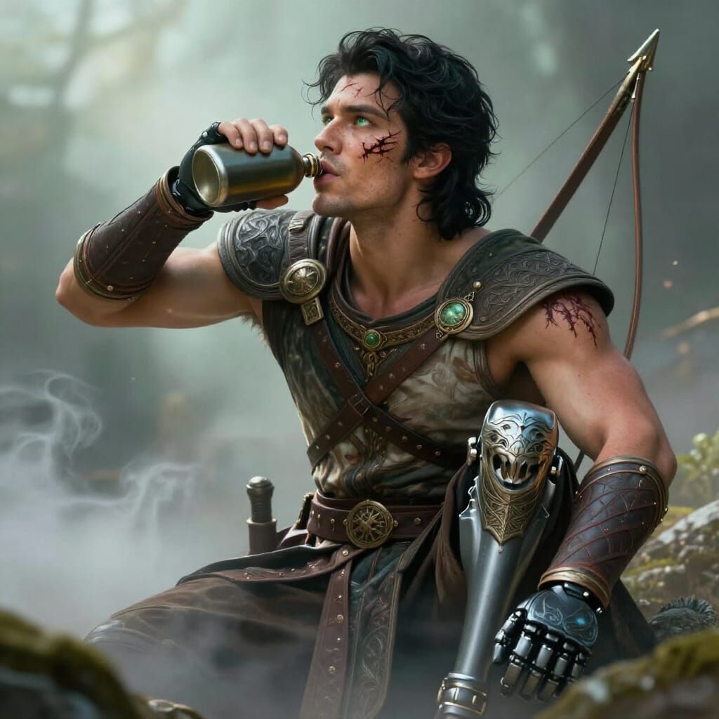 Fantasy Archer with Scar and Prosthetic Leg in Ethereal Mist