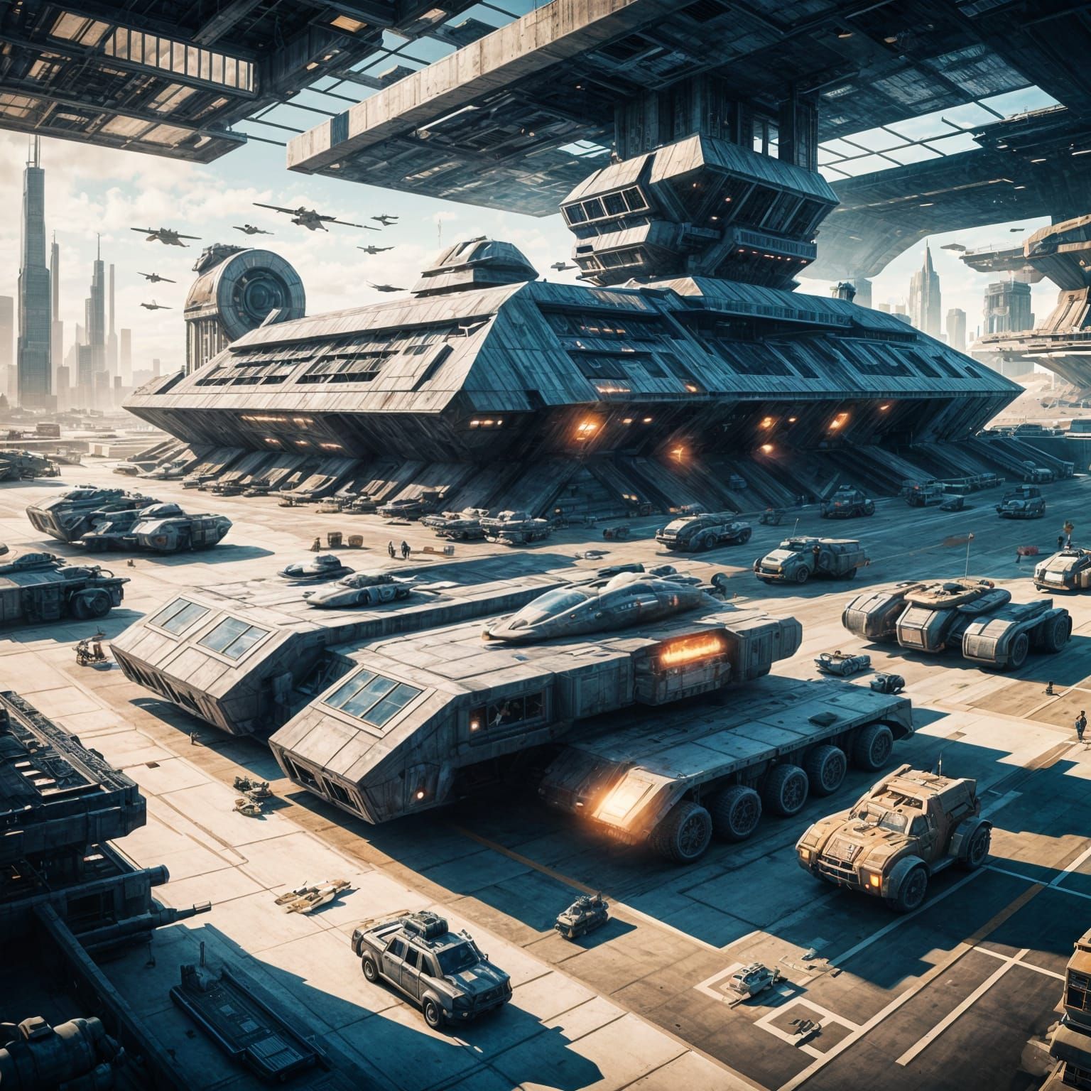 Futuristic Military Base with Advanced Vehicles and Aircraft