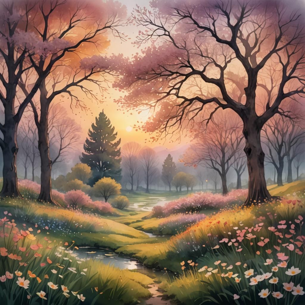 Springscape Sunset in Digital Watercolor Illustration