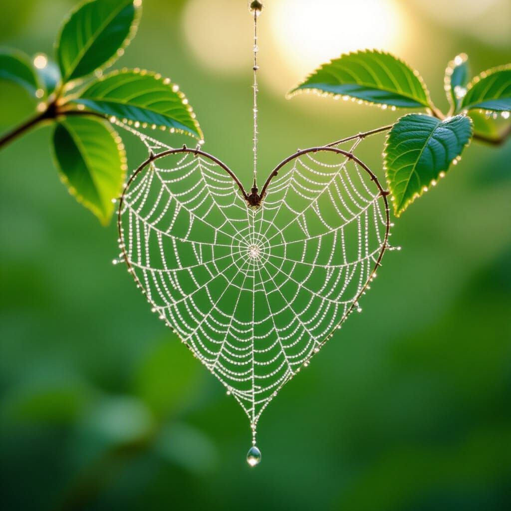 Heart-Shaped Spider Web with Morning Dew