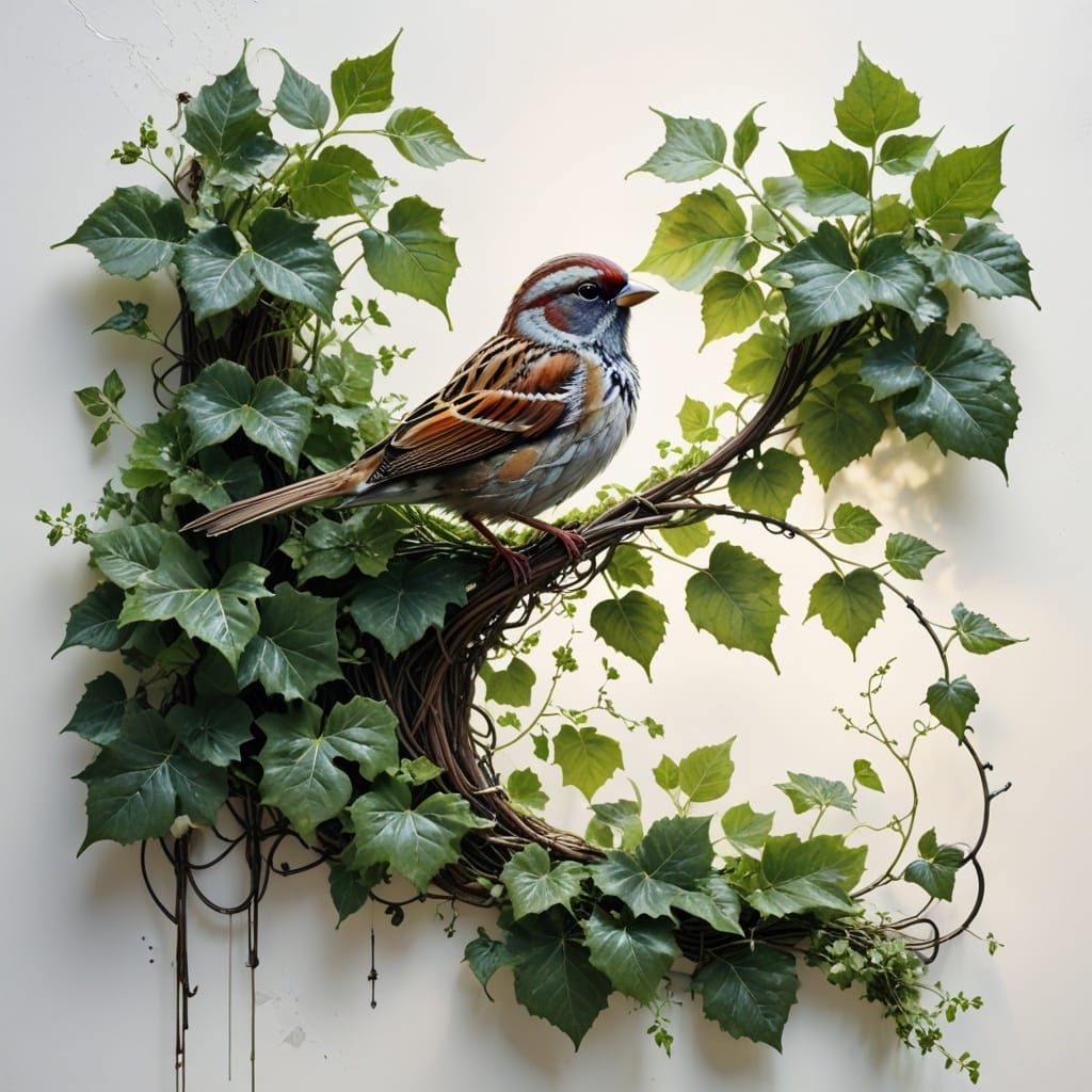 Sparrow on Ancient Ivy Trellis in Whimsical Garden