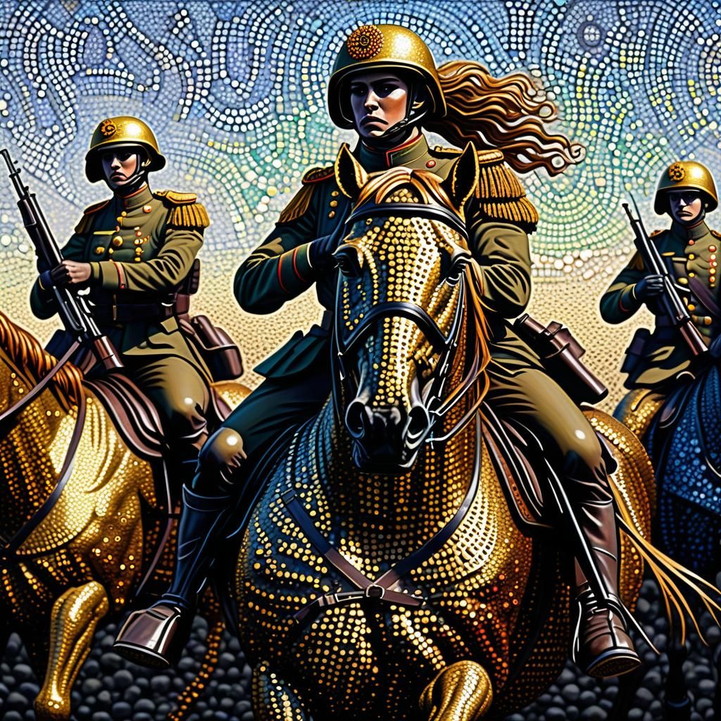 Grimdark Golden Centaur Battle in Pointillism Style