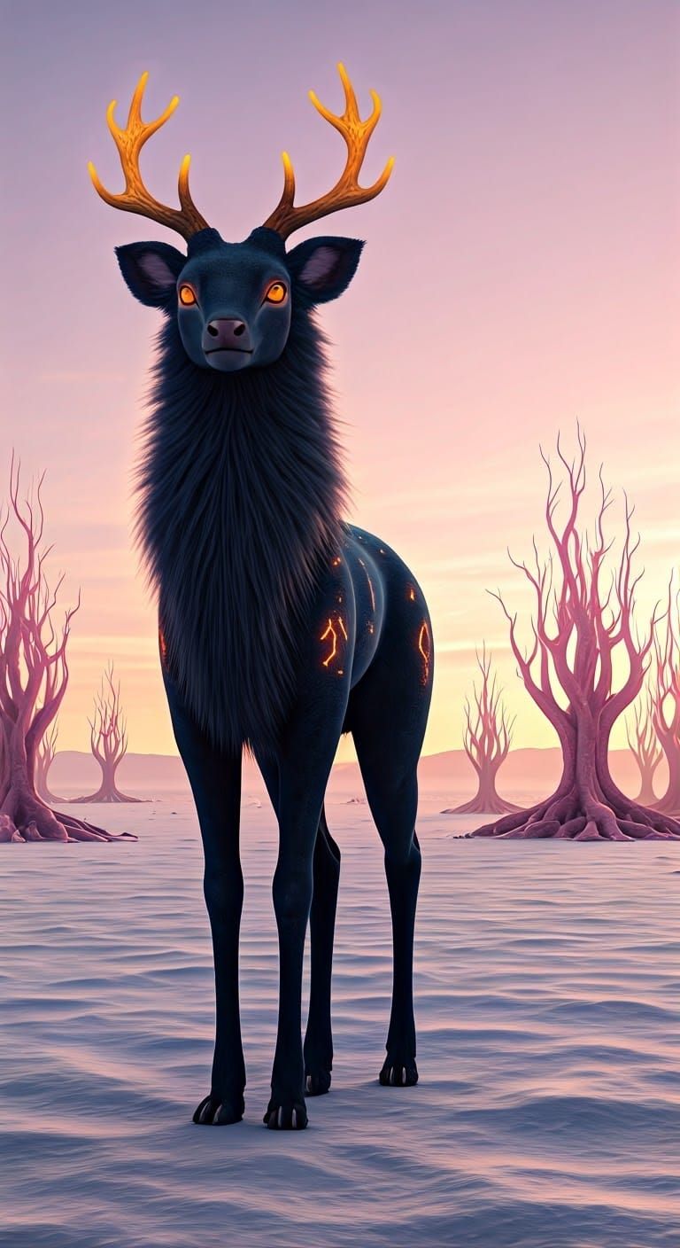 Majestic Black-Furred Alien with Vibrant Orange Eyes and Del...