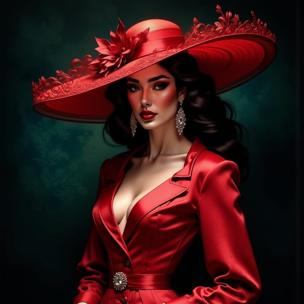 Fashion Model in Red Comic Sketch Style