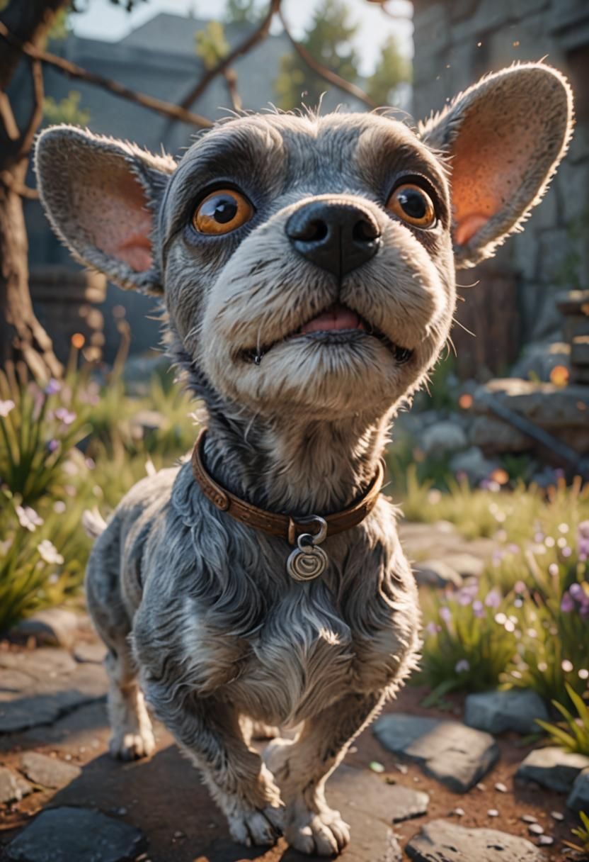 Gray Dog Standing, 3D Game Cinematic Render