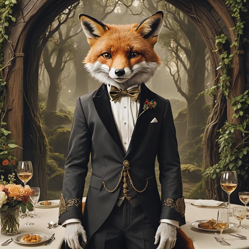 Anthropomorphic Fox Attends Fantasy Dinner Party