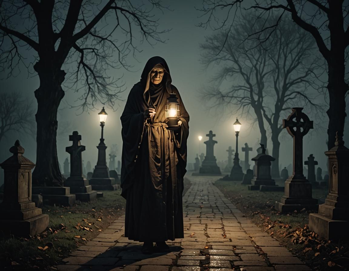Mysterious Old Woman with Lantern in Cemetery