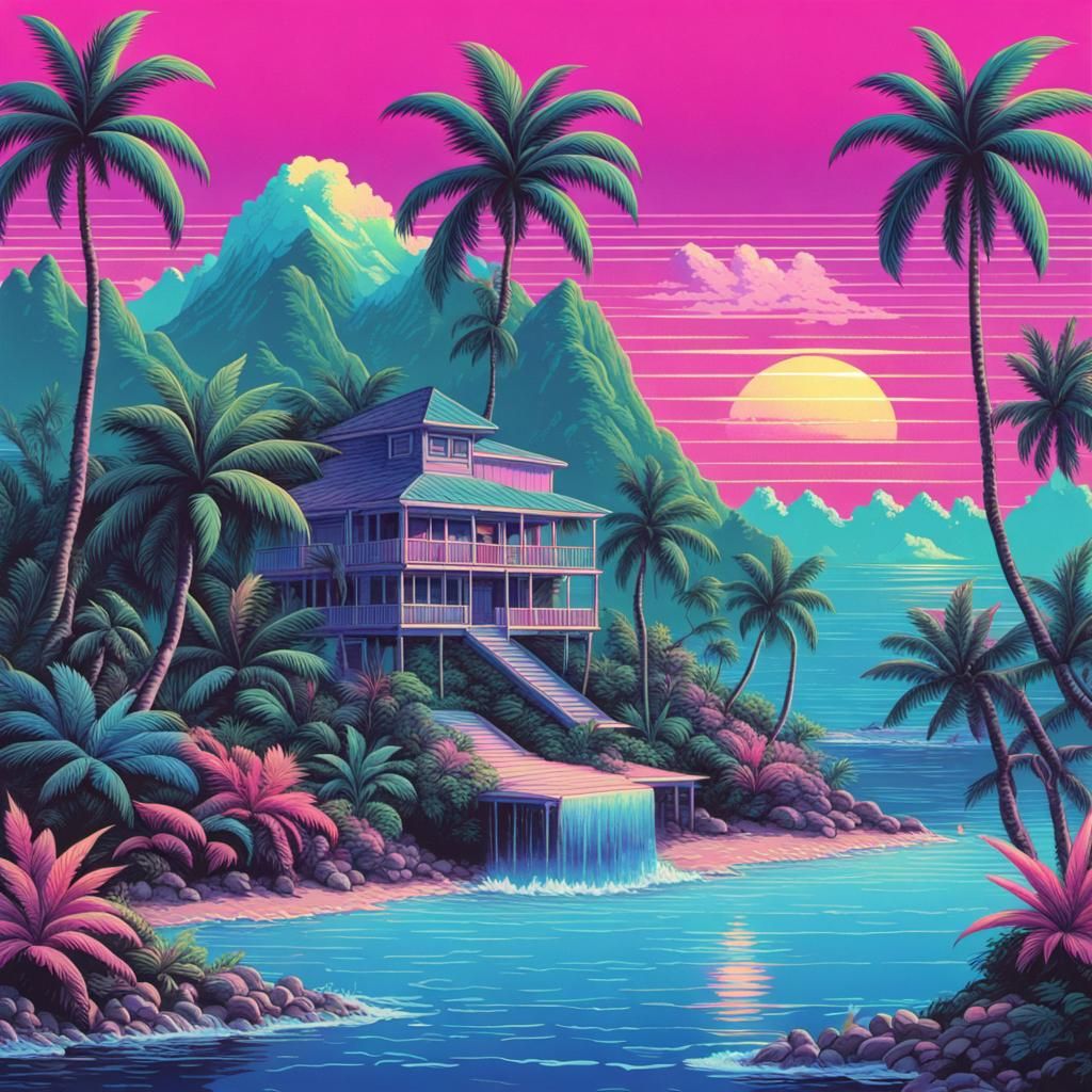 Vaporwave Tropical Island in 80s VHS Style