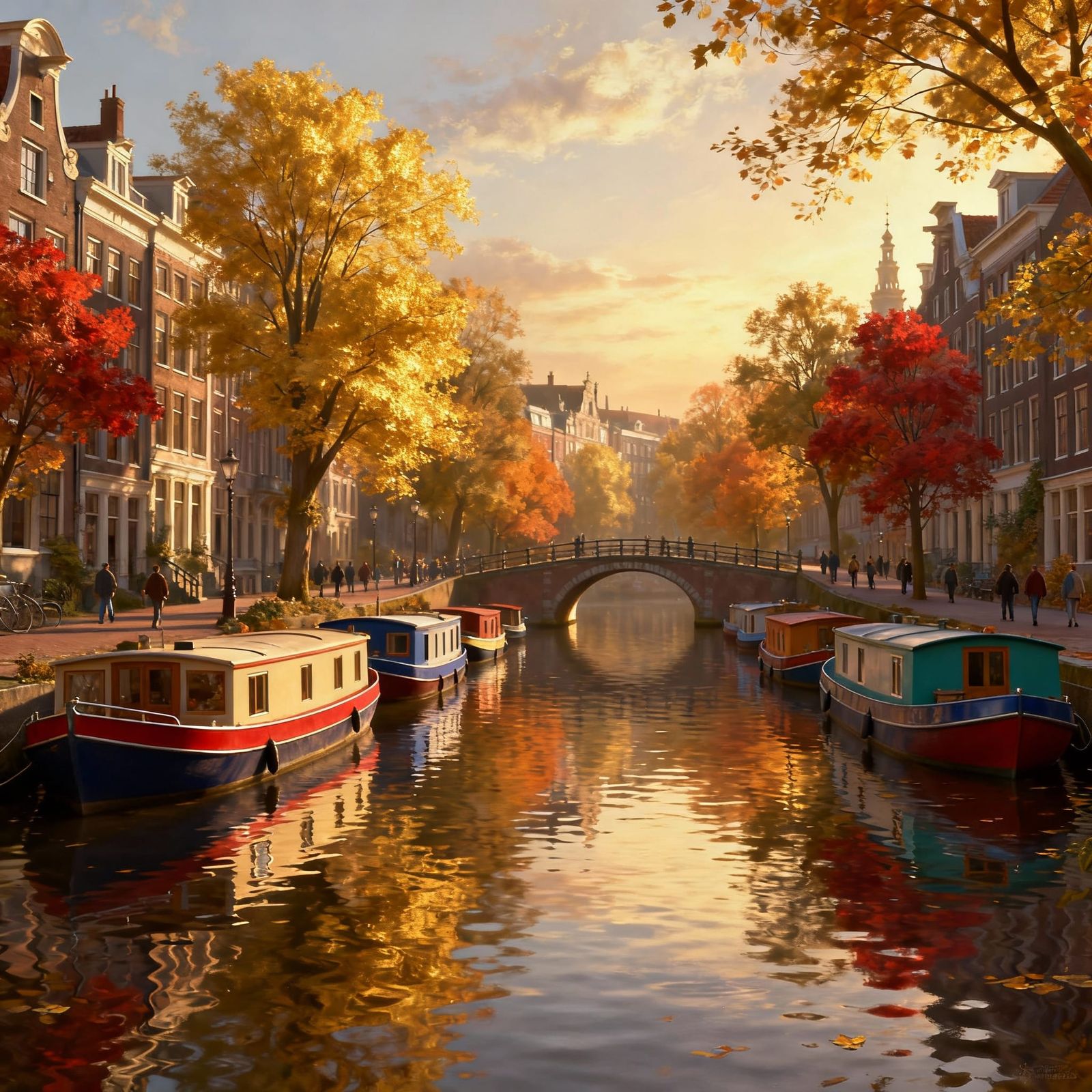 Autumn Canal Scene in Amsterdam with Houseboats