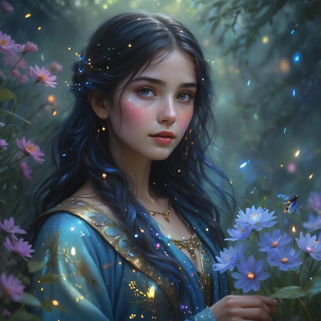 Goddesses in a Sparkly Flower Garden, Hyperrealistic Art