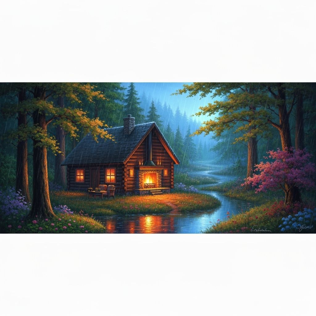 Cozy Cabin in Rainy Forest, Kinkade-Ross Style