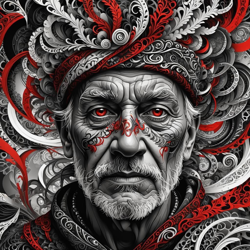 Abstract Fractal Portrait with Red Tattoos in 3D Rendering