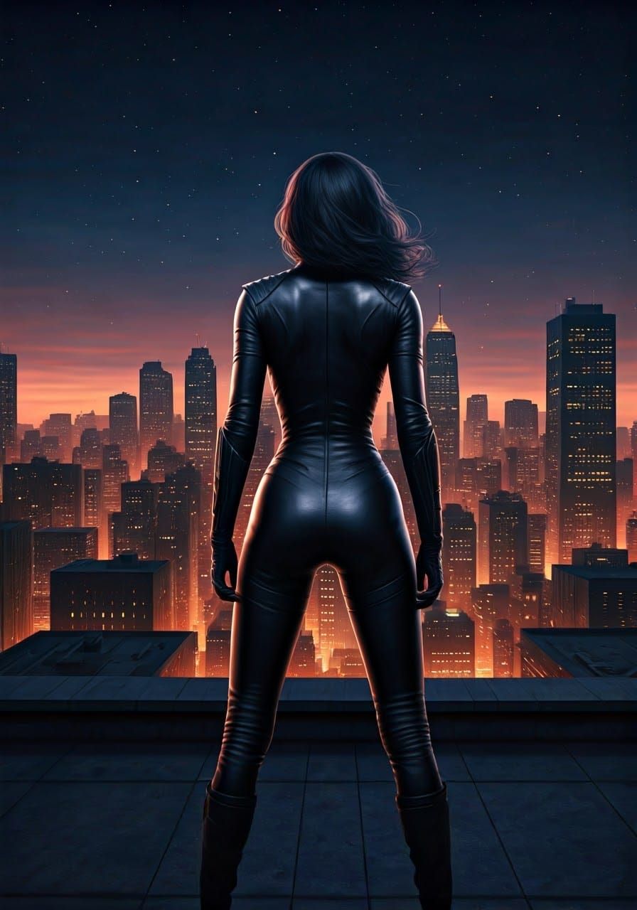 Mysterious Woman in Leather Jumpsuit on Rooftop